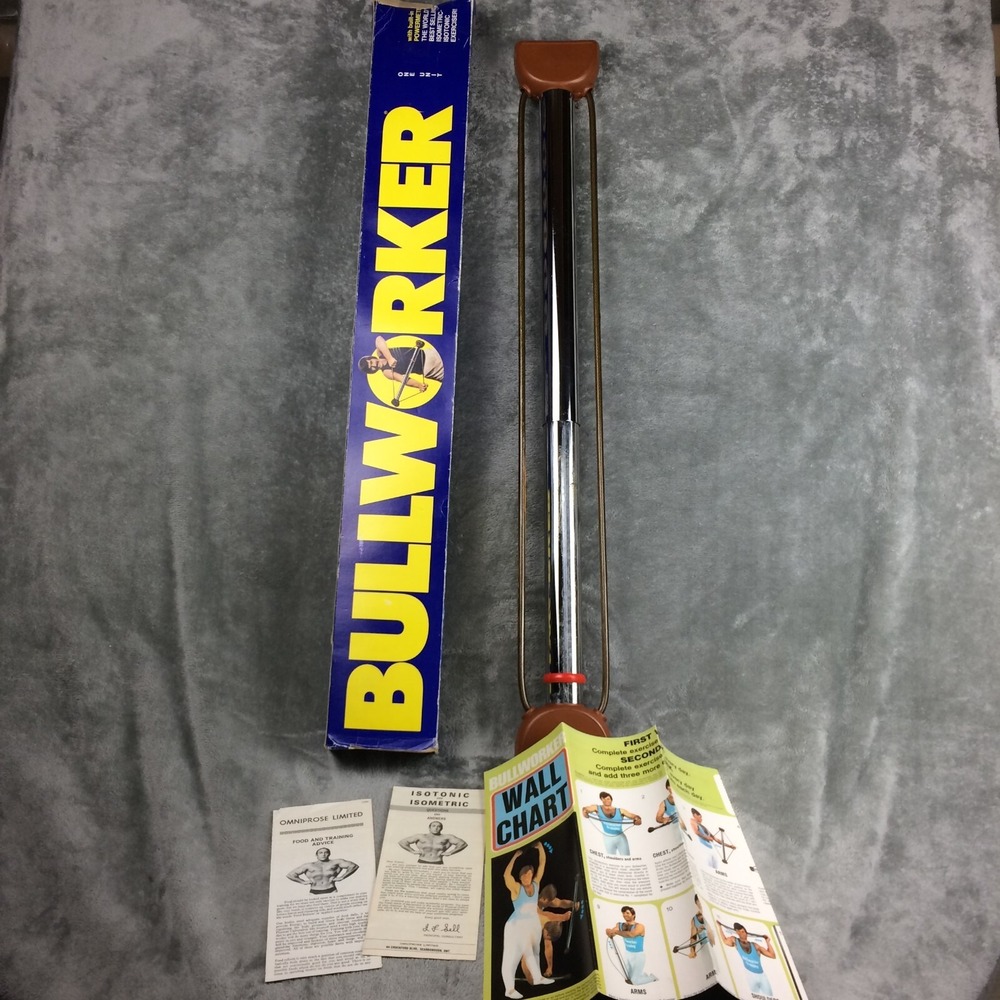 Vintage Brown Bullworker Powermeter Isometric Exerciser Bar w BOX and WALL CHART